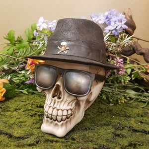 Skull with Black Trilby Hat & Shades (approx 16.5x14x16cm)