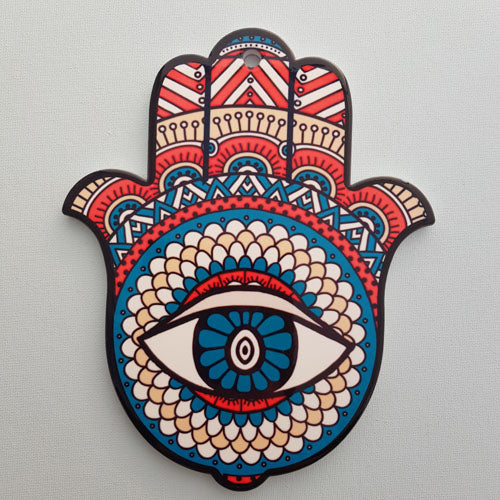 Blue and Pink Hamsa Hand Eye Ceramic Hanging Ornament  (approx 18.5x22cm)