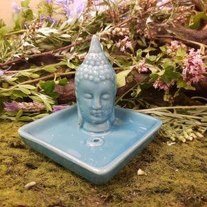 Blue Ceramic Thai Buddha Square Incense Dish (approx 8.5x9x9cm)