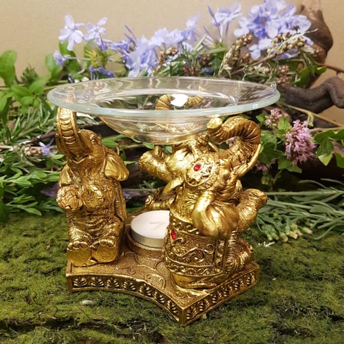 Lucky Elephant Gold Oil Burner with Glass Dish (approx 10x12.5x10.5cm)