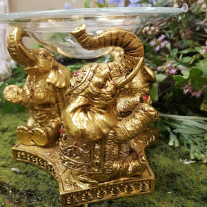 Lucky Elephant Gold Oil Burner with Glass Dish (approx 10x12.5x10.5cm)