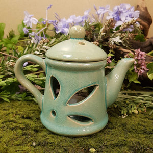 Blue Ceramic Teapot Oil Burner with Lid (approx 12x14.5x8.5cm)