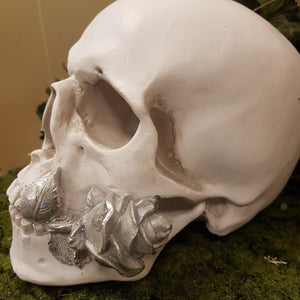 White Skull with Silver Rose (approx 21x15x16cm)