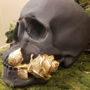 Black Skull with Gold Rose (approx 21x15x16cm)