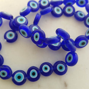 Blue Eye Flat Glass Beads in Reusable Plastic Box (string of approx. 36 flat 10mm beads)