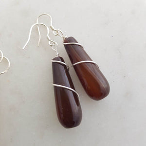 Agate Tear Drop Earrings with Silver Metal Twist Hand Crafted in Aotearoa New Zealand (assorted. sterling silver hooks)