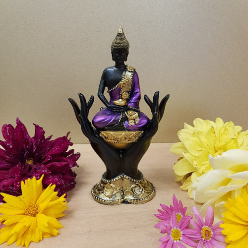 Purple Gold and Black Thai Buddha Sitting in Hands (approx. 15.5x9x4cm)