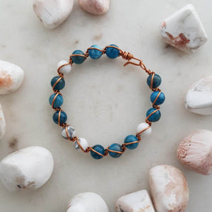 Blue Apatite/Howlite Copper Wrapped Bracelet (assorted. hand crafted in NZ)