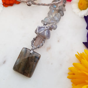 Labradorite with Agate Mushroom Braided Pendant (hand crafted in Aotearoa New Zealand)