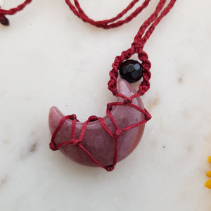 Strawberry Quartz Crescent Moon Wrapped Pendant with Onyx Bead (hand crafted in Aotearoa New Zealand)