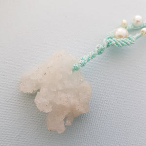 Prehnite with Glass Pearls Braided Pendant (hand crafted in Aotearoa New Zealand)