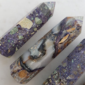 Elemental Fluorite Point (mix Fluorite. Malachite. Hematite. Jasper & Quartz. assorted. approx. 8.9-10.7x2.6-3x2.4cm)