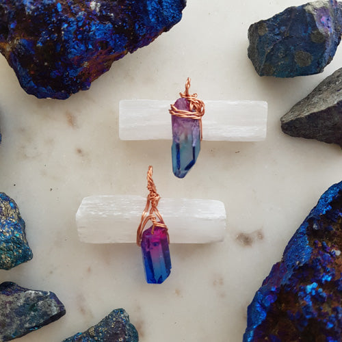 Selenite & Dyed Quartz Copper Wrapped Pendant (assorted)