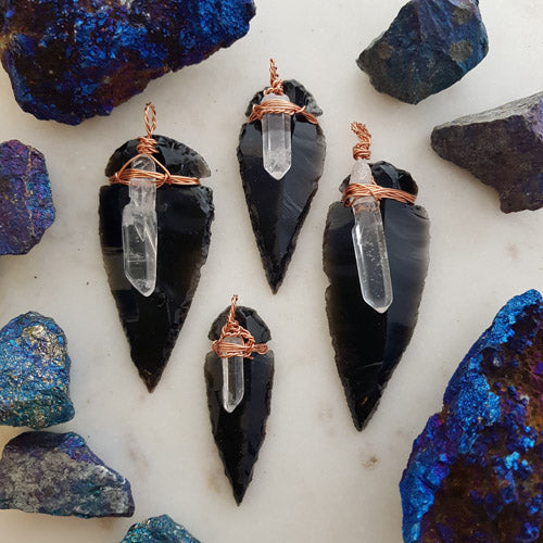 Black Obsidian & Quartz Copper Wrapped Pendant Hand Crafted in Aotearoa New Zealand (assorted)