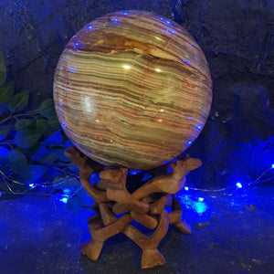 Banded Calcite Sphere with Wooden Tripod Stand