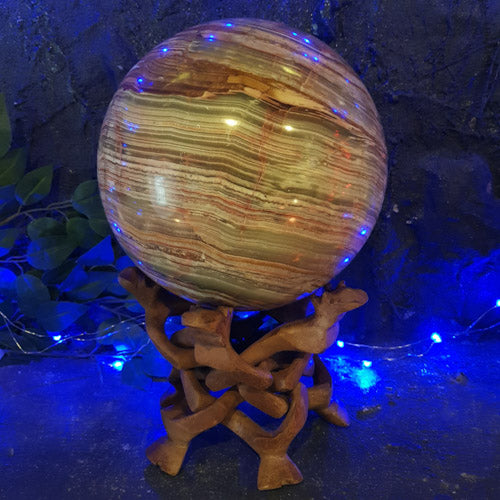 Banded Calcite Sphere with Wooden Tripod Stand (approx. 19cm diameter)