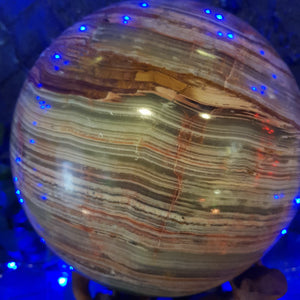 Banded Calcite Sphere with Wooden Tripod Stand