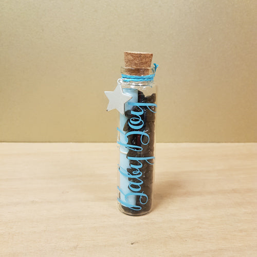 Baby Boy Gift Bottle of Tiny Crystal Chips with Paper Scroll (assorted crystals. approx. 90gr of crystal chips)