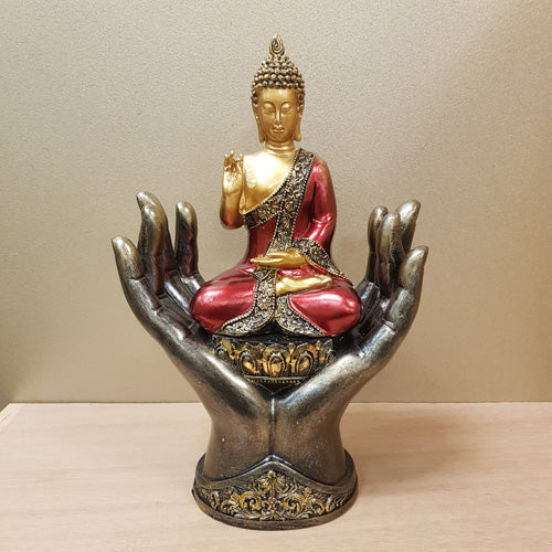 Red & Gold Buddha In Hands (approx 28x18cm)