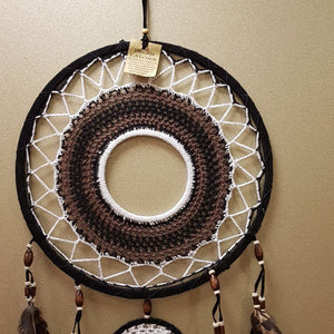 Brown & White Crochet Dream Catcher (approx. 32cm diameter hoop)