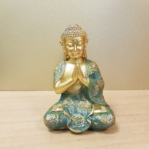 Gold & Green Floral Namaste Buddha (approx. 15x11x8cm)