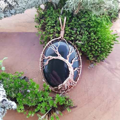 Black Obsidian Tree of Life Pendant (assorted. set in rose gold look wire)