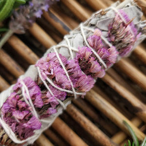White Sage with Pink Sinuata Flowers Cleansing & Blessing Stick / Bundle