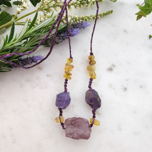 Strawberry Quartz, Amethyst & Yellow Opal Wrapped Pendant (hand crafted in Aotearoa New Zealand)