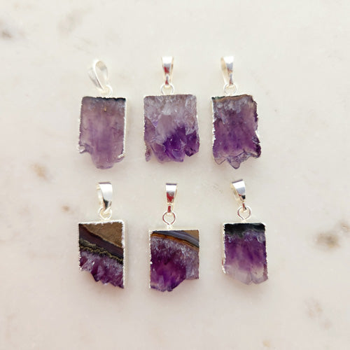 Amethyst Slice Pendant (assorted sizes. silver metal)