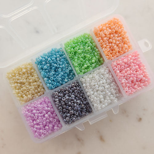 Pastel Shades  Mix of Glass Seed Beads in Re-Usable Container (approx. 12500 beads in box. approx. 2mm.1mm hole)