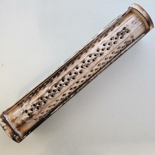 White Rustic Jali Sliding Incense & Cone Wooden Holder (approx. 30x5.5cm)