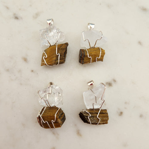 Clear Quartz & Gold Tiger's Eye Wrapped Pendant (assorted. silver metal)