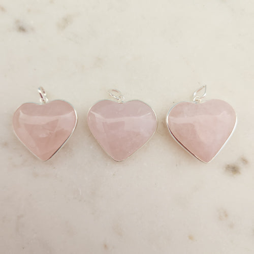 Rose Quartz Heart Pendant (assorted. silver metal)