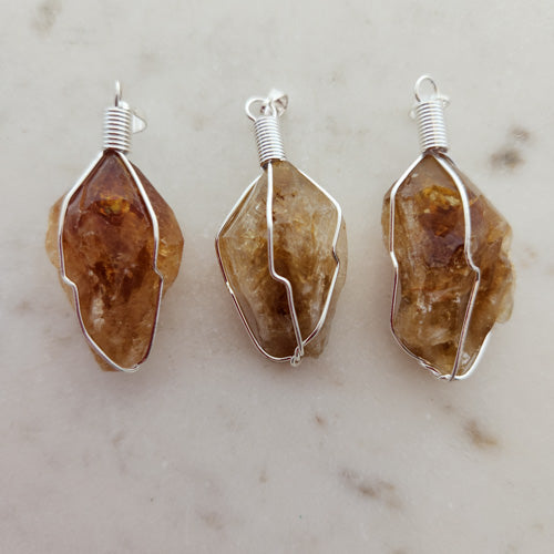 Citrine Natural Point Wire Wrapped Pendant (heat treated. assorted. silver metal)