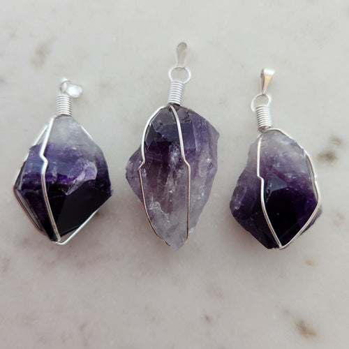 Amethyst Natural Point Wire Wrapped Pendant (assorted. silver metal)