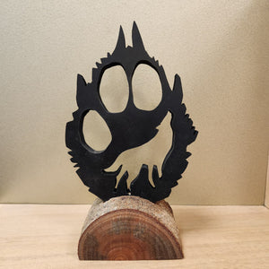 Wolf Paw Print Silhouette in Wooden Stand