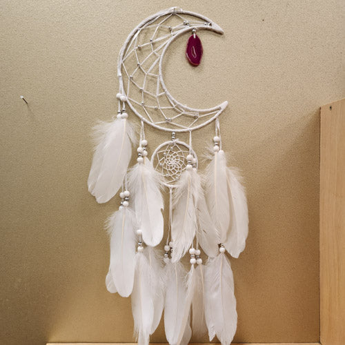 White Crescent Moon Dreamcatcher with Dyed Agate  (hoop approx. 19.5cm diameter)