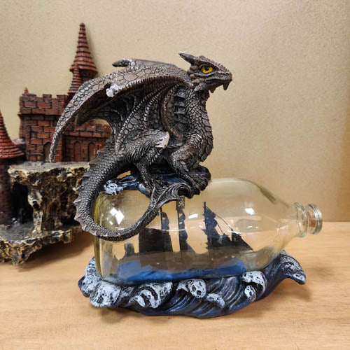 Black Dragon with Ship in a Bottle (approx. 20x21x9cm)