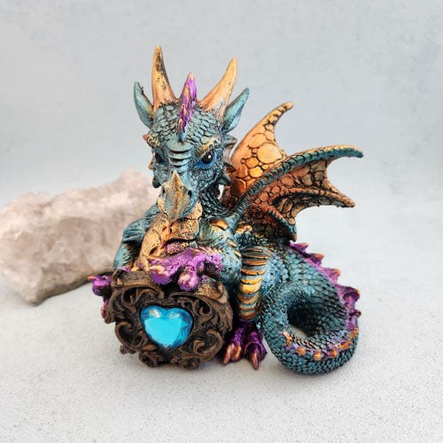 Teal Dragon with Heart Gem (approx. 12x11x8cm)