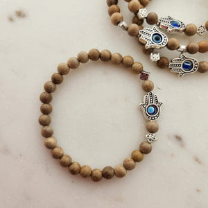 Burly Wood Bracelet with Hamsa Hand & Blue Eye Bead Bracelet