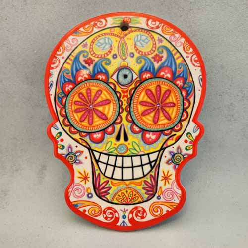 Orange & White Sugar Skull Ceramic Plaque (approx. 19.5x12.5cm)