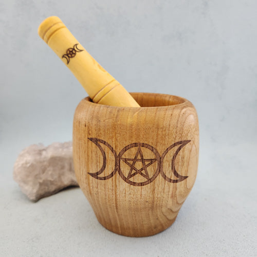 Triple Moon Pestle & Mortar Wooden Set (approx. 10cm x 10cm)