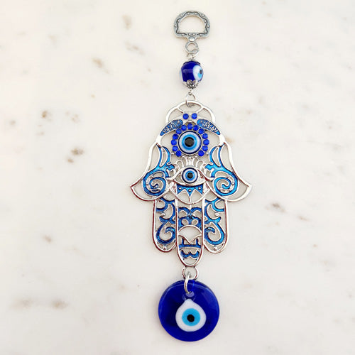 Hamsa Hand with Blue Eye Hanging (metal & glass. approx. 17x6cm)