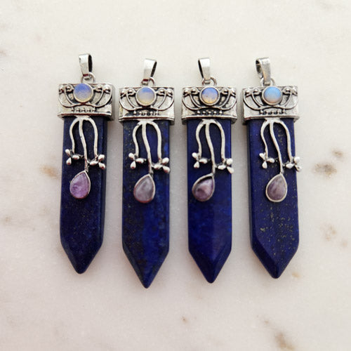 Lapis Pendant with Opalite & Amethyst Cabochons (assorted. set in silver metal)