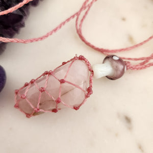 Rose Quartz & Glass Mushroom Wrapped Pendant