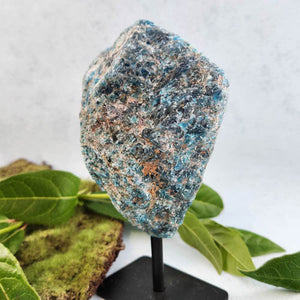 Blue Apatite Rough Rock on Metal Stand