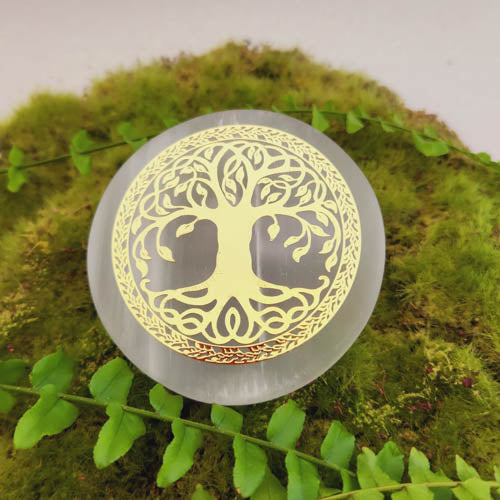 Selenite Disc with Tree of Life Metallic Transfer (approx. 6.7cm diameter)