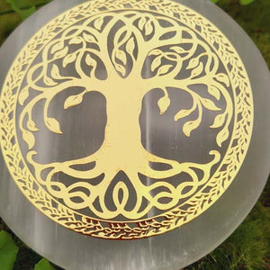 Selenite Disc with Tree of Life Metal Transfer