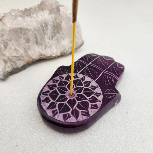 Purple Hamsa Hand Soapstone Incense Holder (approx. 9x6cm)