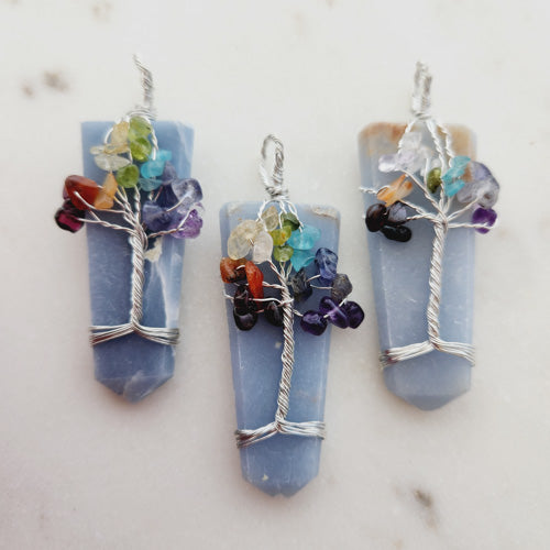 Angelite Pendant with Wire Wrapped Tree of Life (silver metal. assorted)